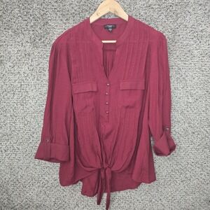 Cocomo Top Womens Plus 1X Burgundy Pintuck Popover Blouse Roll Tab Sleeve